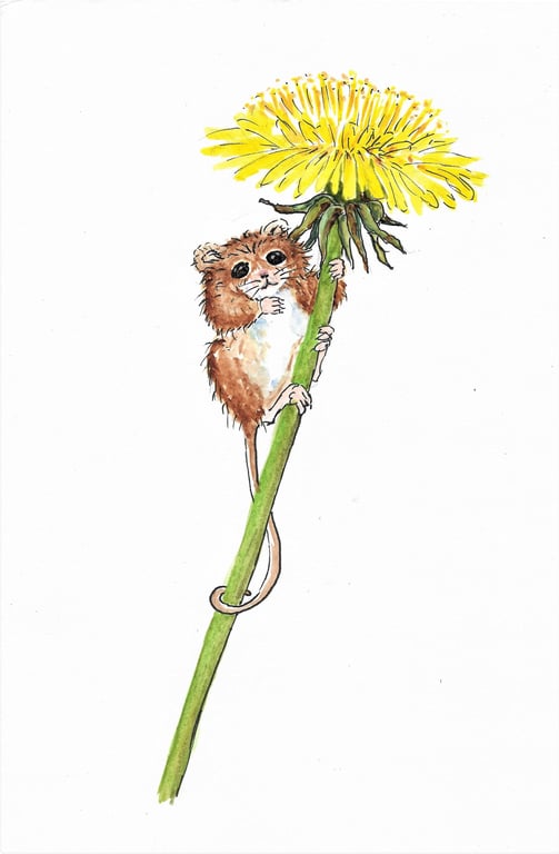 Cute Little Mouse and Dandelion Flower, original painting