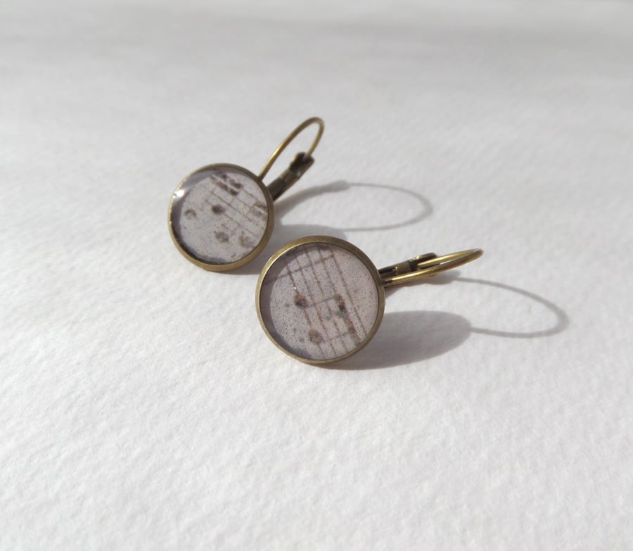 Music Score Earrings, Antique Bronze Dangle Drop lever back earrings