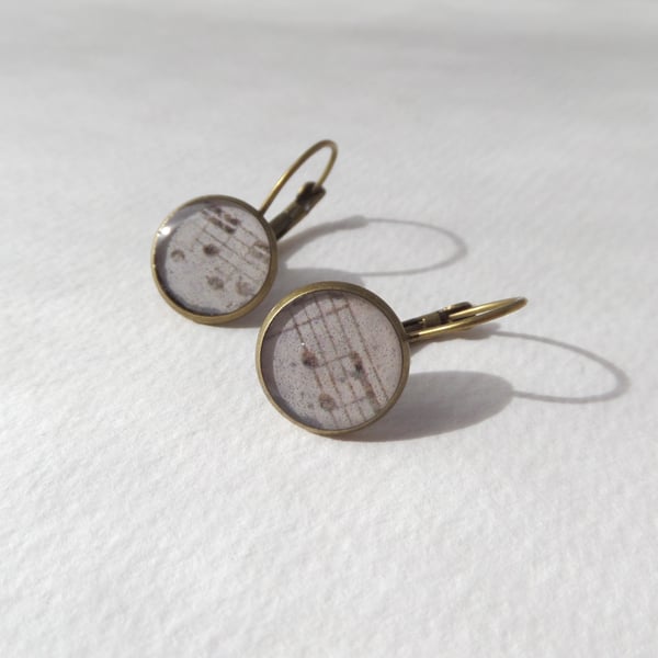 Music Score Earrings, Antique Bronze Dangle Drop lever back earrings