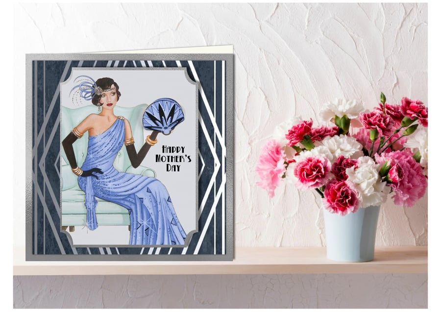 Art Deco Mother's Day cards with elegant lady in various colours