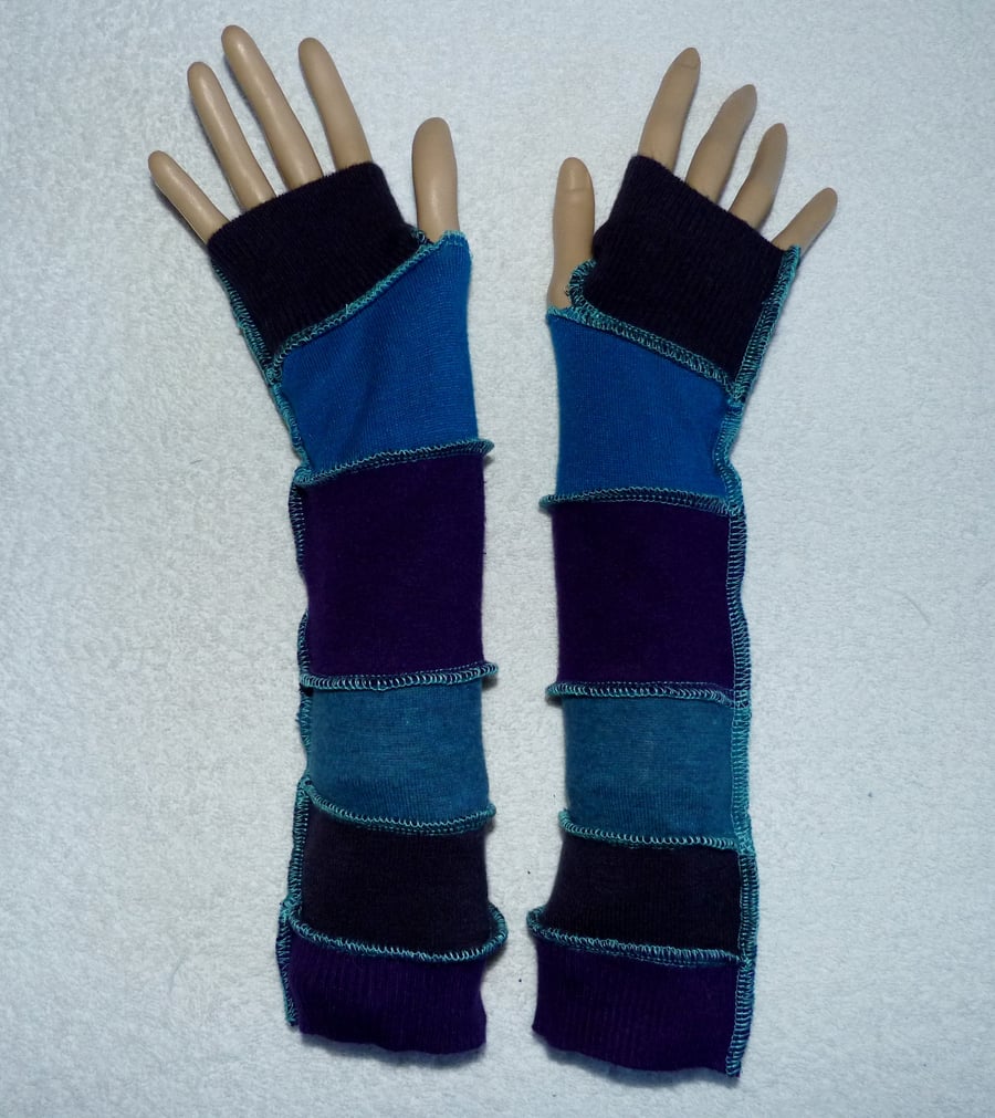 Upcycled Sweater Arm Warmers In Blues and Purples