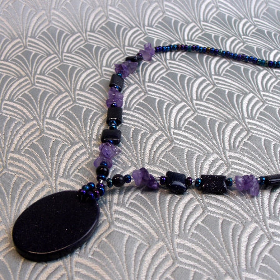 Blue Goldstone Amethyst Necklace, Semi-Precious Handmade Necklace A3