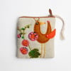 Oatmeal linen coin purse with hand embroidered bird and hollyhock