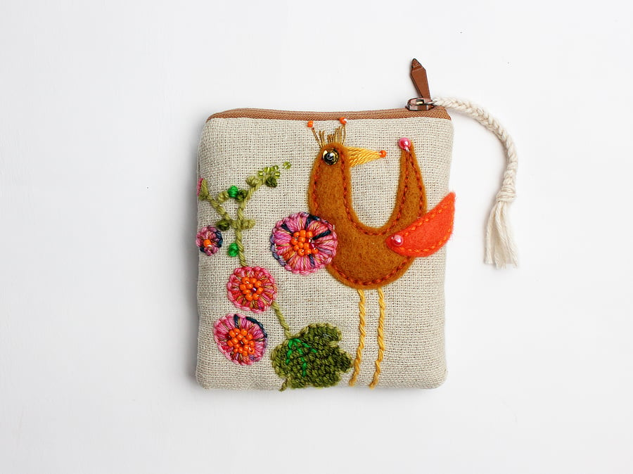 Oatmeal linen coin purse with hand embroidered bird and hollyhock