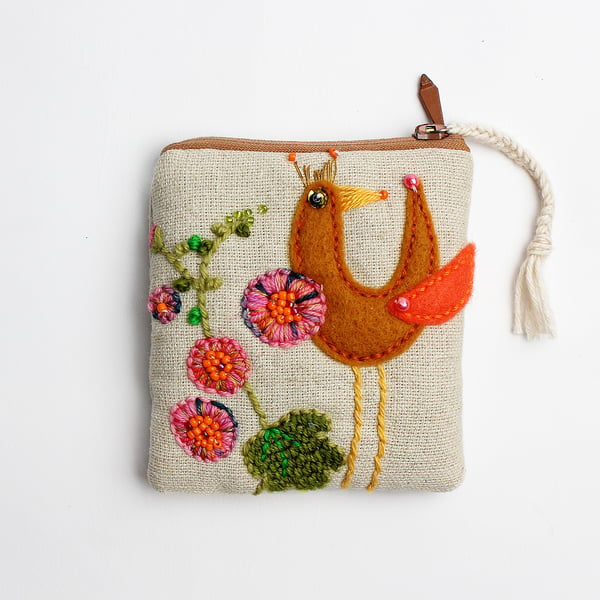 Oatmeal linen coin purse with hand embroidered bird and hollyhock