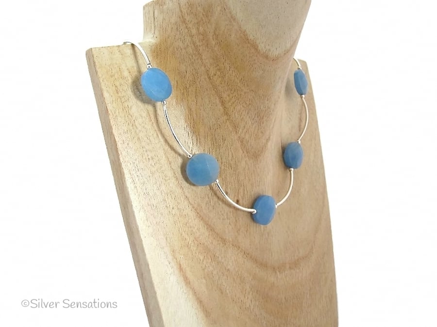 Blue Serpentine Jade Faceted Coins & Sterling Silver Curve Tubes Unique Necklace
