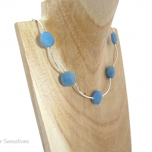 Blue Serpentine Jade Faceted Coins & Sterling Silver Curve Tubes Unique Necklace