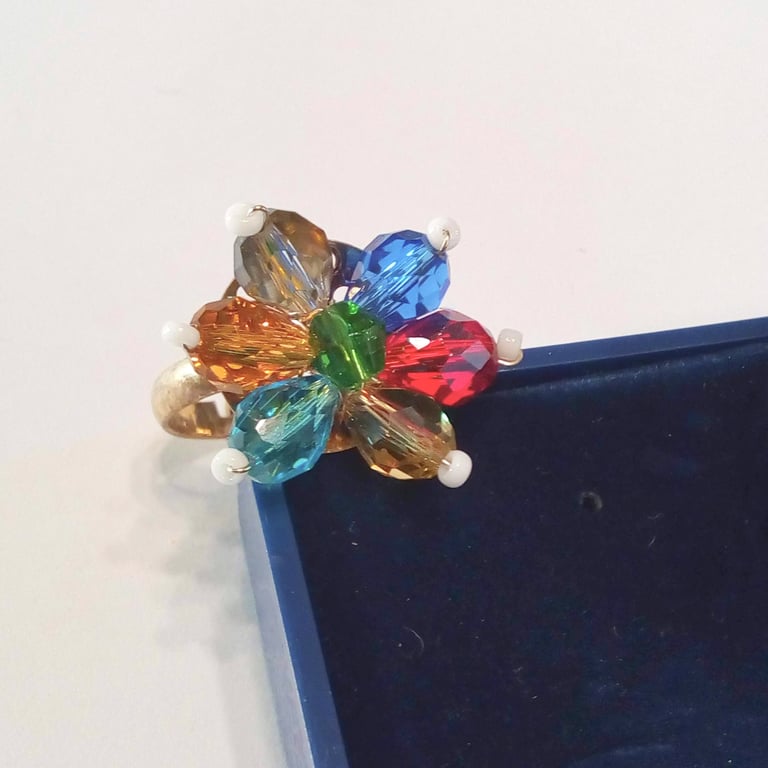 Ladies Adjustable Ring Made With Yellow Blue Red Smoky Quartz and Topaz Crystals