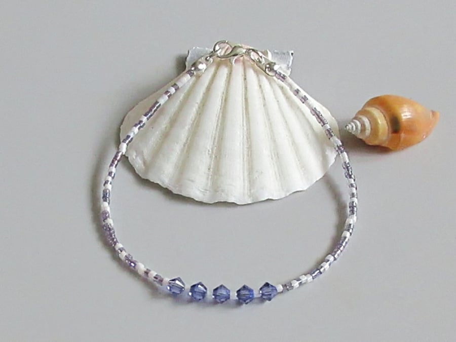 Purple & White Dainty Seed Beads Boho Bracelet - Layering Bracelet - 6.5" - 8.5"