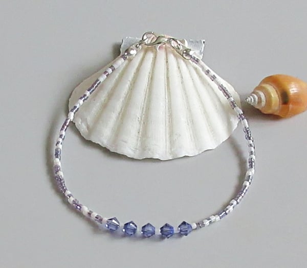 Purple & White Dainty Seed Bead Boho Bracelet - Layering Bracelet - 6.5" - 8"
