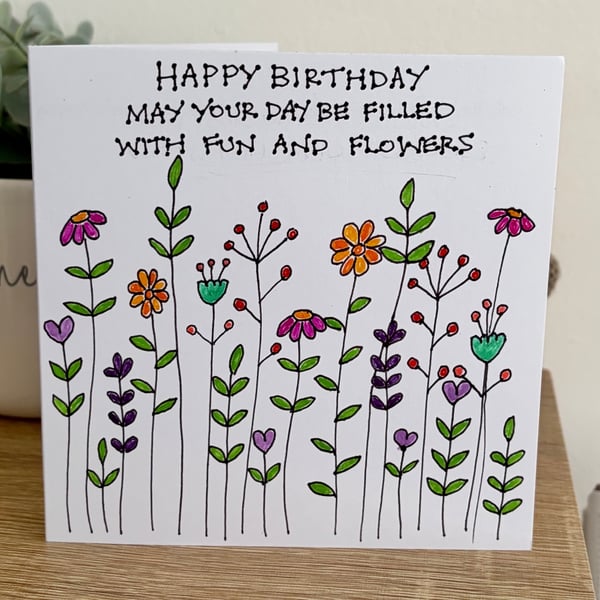 Happy Birthday Card with hand drawn quote and doodle flowers 