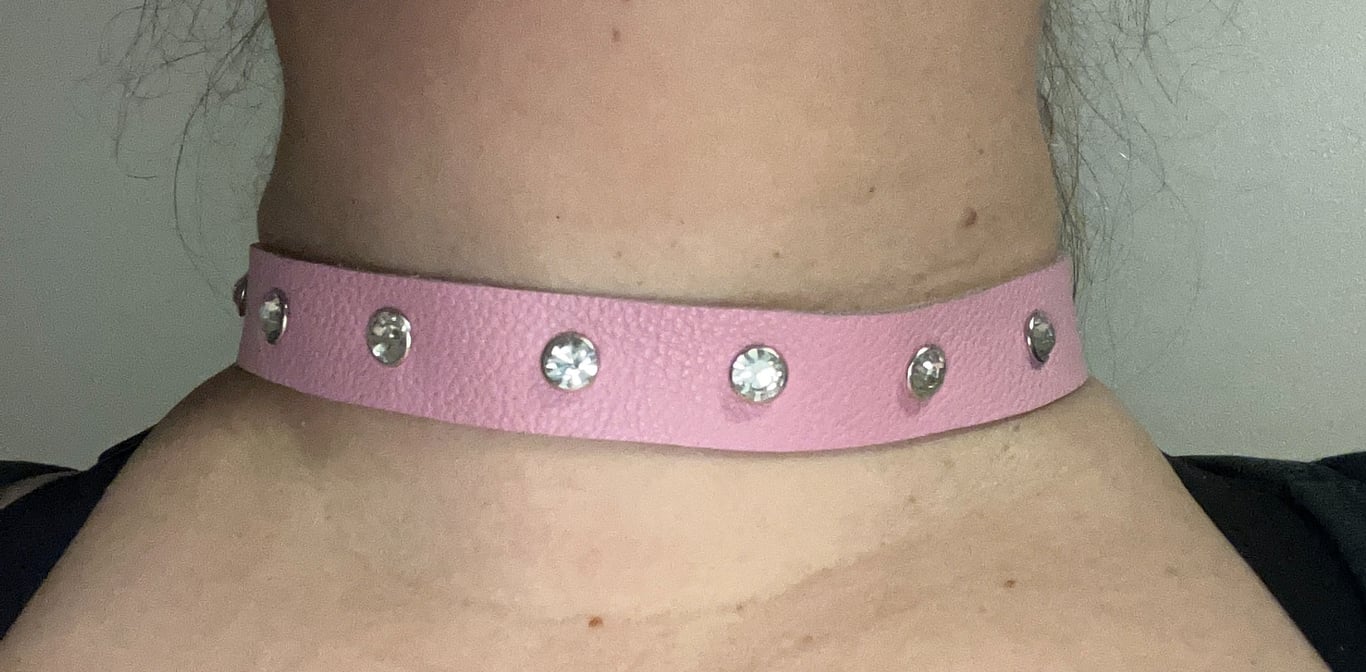Pink Leather Choker with 7 Clear White Gemstones (custom sized 17"-23")