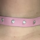 Pink Leather Choker with 7 Clear White Gemstones (custom sized 17"-23")