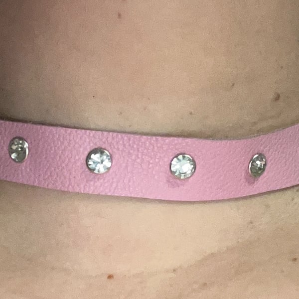Pink Leather Choker with 7 Clear White Gemstones (custom sized 17"-23")