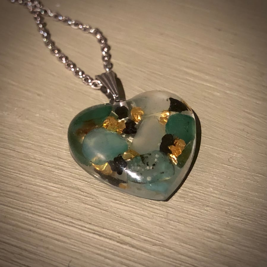 Crystal Energy Heart Pendant with Green Agate, Black Tourmaline & gold crush (M)