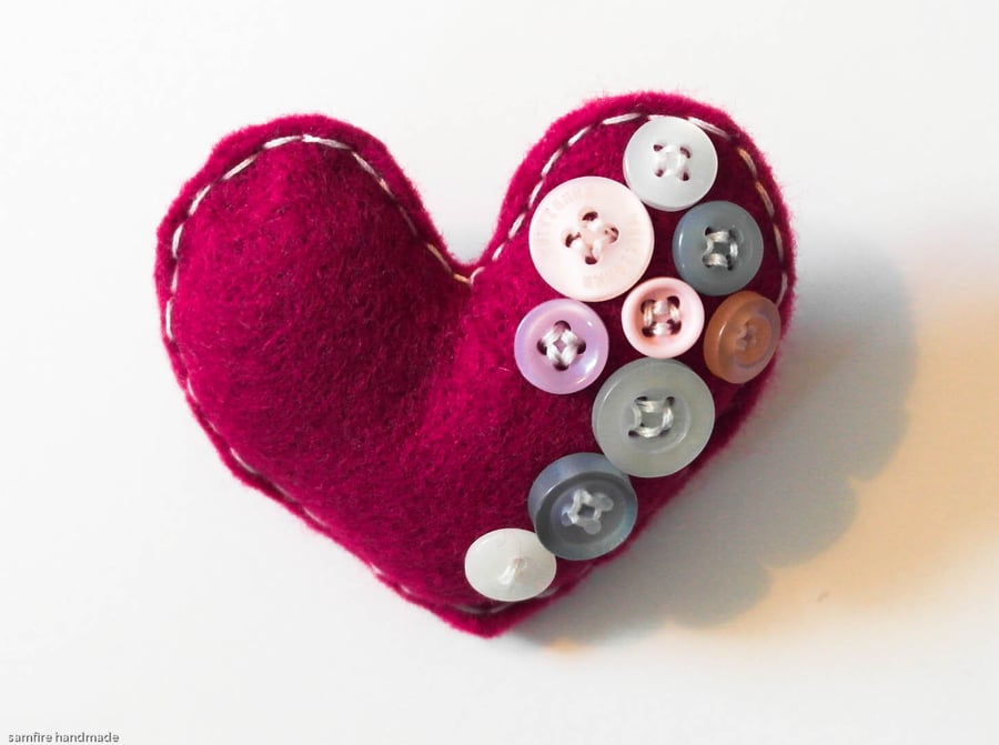 Hand Sewn Heart Brooch Pin. Birthday Gift. Marron with buttons Mother's Day gift