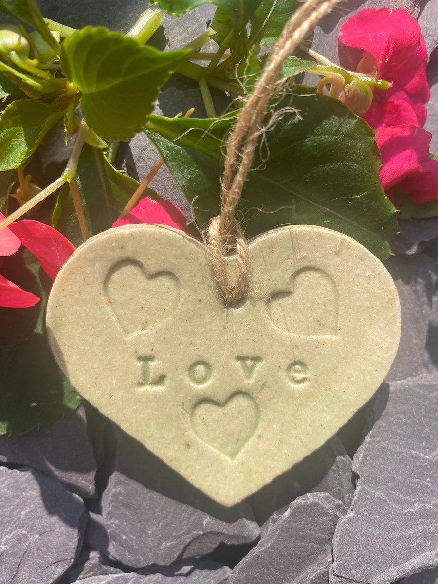 Love  -pottery hanging heart, decorative, pale green - free postage