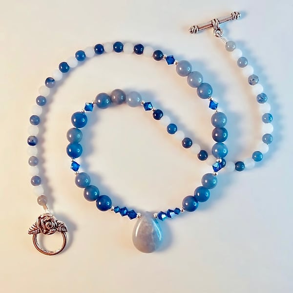 Blue Aventurine Necklace, Swarovski Crystals And White Jade - Handmade In Devon