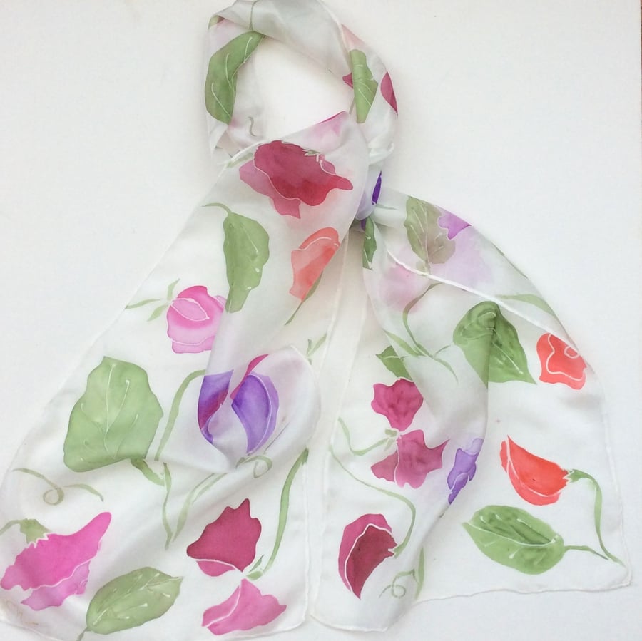 Sweet Peasd  hand  painted silk scarf 