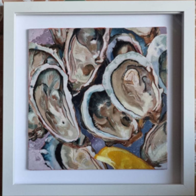 Oyster Original Oil Painting Framed 20x20cm Mollusc Seafood Shucked Canvas Panel