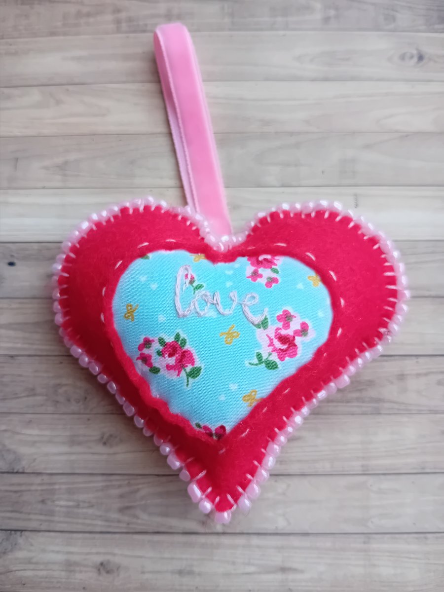 Hanging Heart Red Beaded Decoration