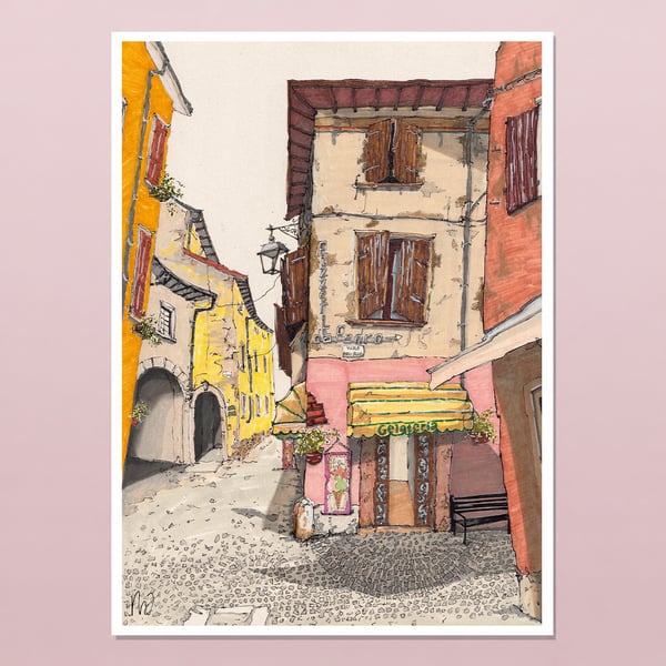 Malcesine Lake Garda Print - Italian Street Illustration - Gelateria Wall Art