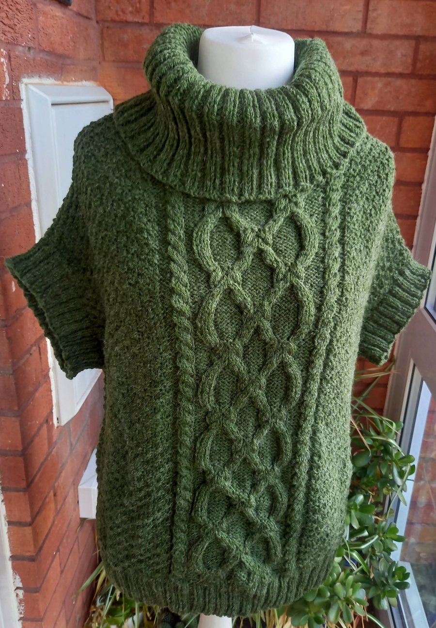 Hand knitted polo neck ladies Aran cable pattern sleeveless jumper