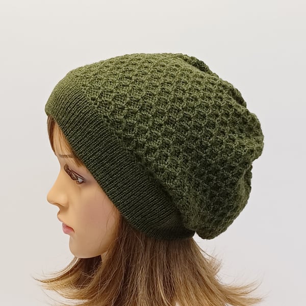 Khaki green alpaca beret for women, knitted baggy beanie hat, winter tam