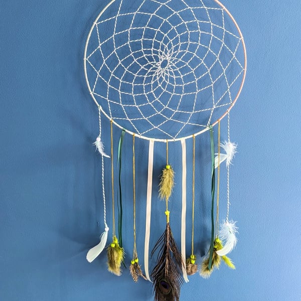 Giant Peacock Feather Dreamcatcher Green Gold White Hanging Decoration 