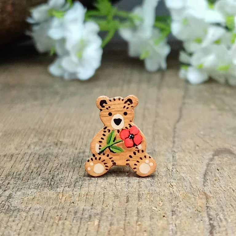 Red Poppy Pin, Handmade Tiny Teddy Bear Brooch, August Birth Flower Badge