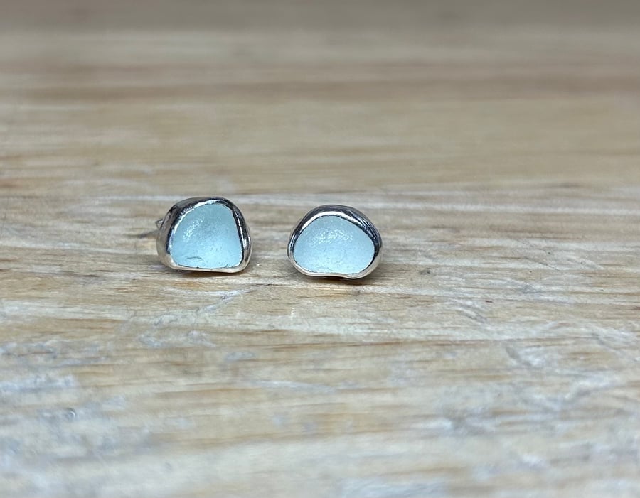Sterling Silver Aqua Welsh Sea Glass Stud Earrings