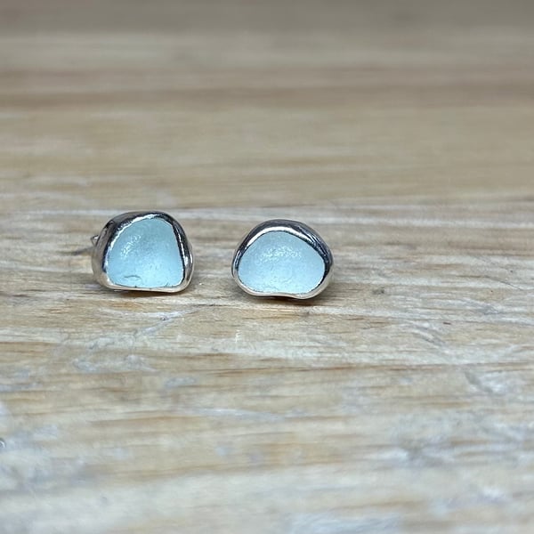Sterling Silver Aqua Welsh Sea Glass Stud Earrings
