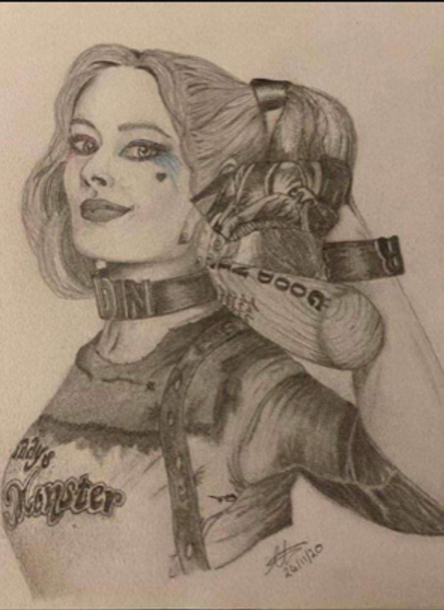 Harley Quinn Original pencil Drawing on A4 Canvas paper