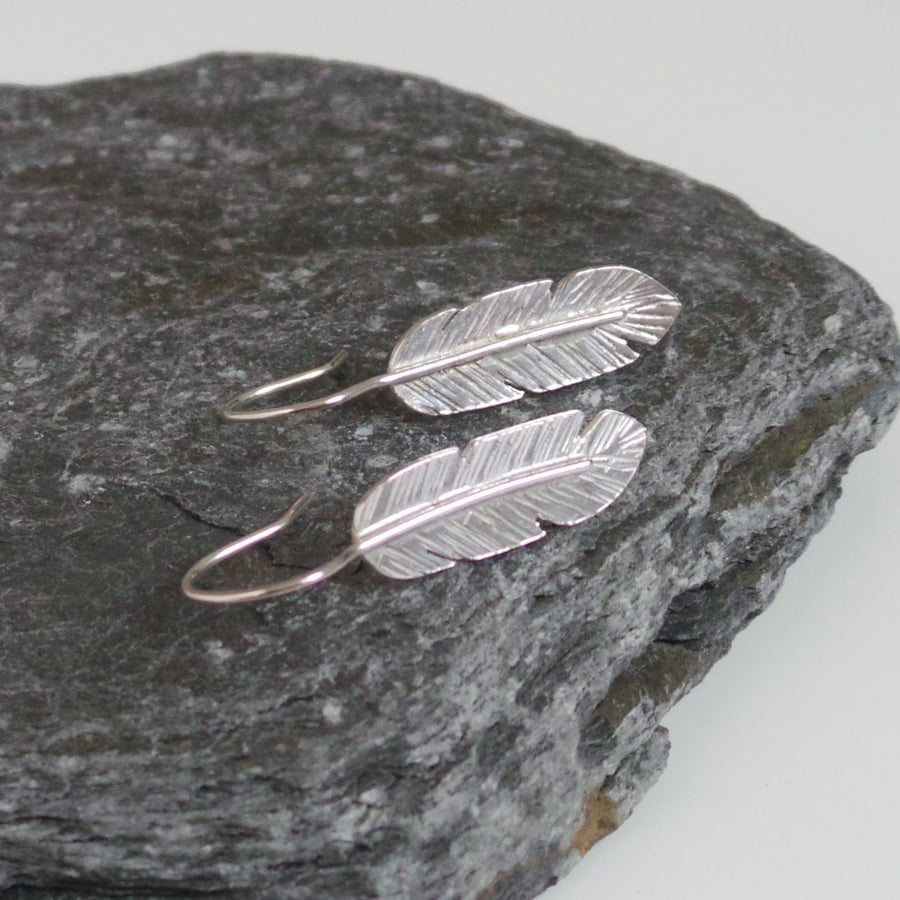 Feather Drop Earrings -  Handmade Textured Feather Dangle Earrings 
