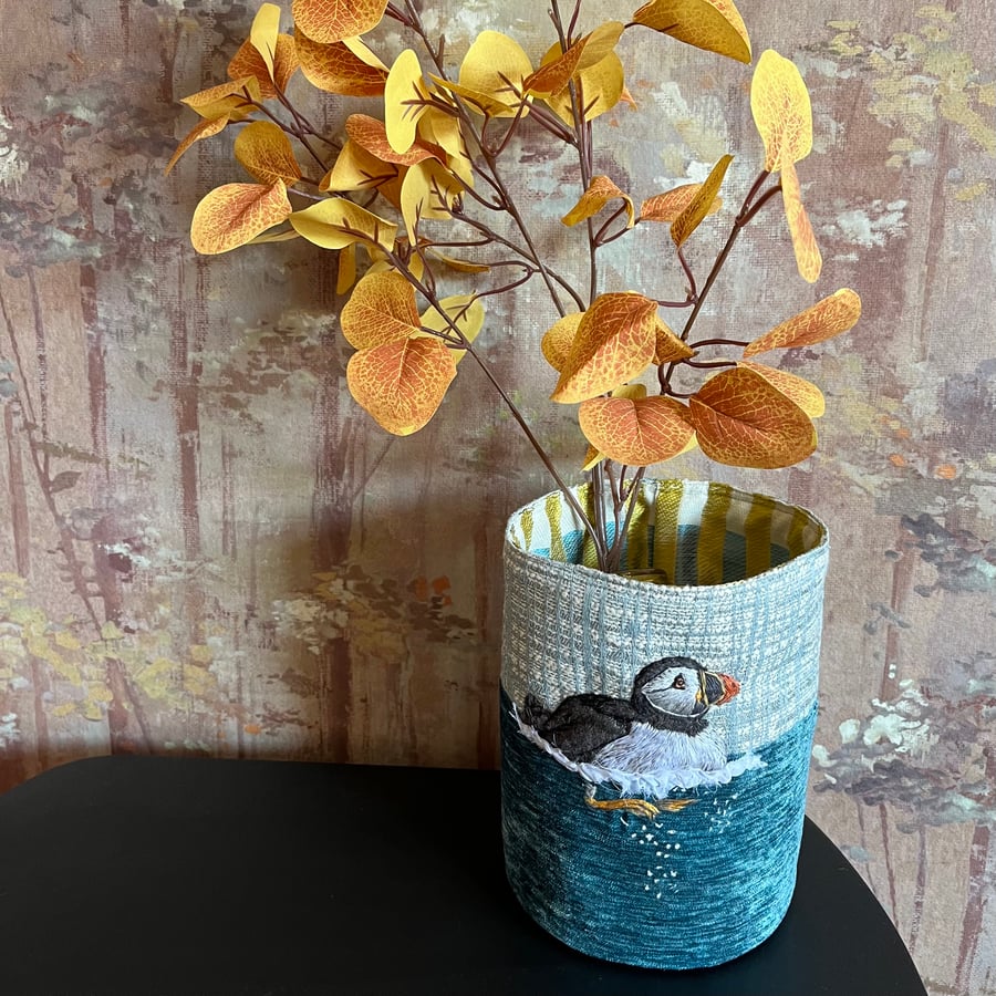 Textile storage pot with hand embroidered puffin