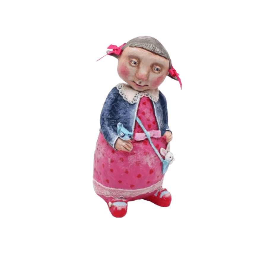 OOAK handmade girl Art doll with the bird. Whimsical Paper Clay Figurine.