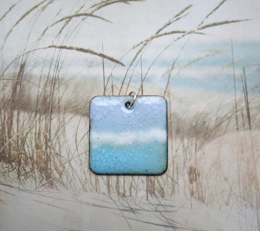 “Seascape” square enamelled copper pendant 231