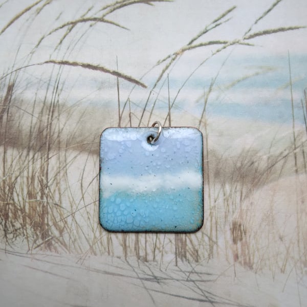 “Seascape” square enamelled copper pendant 231