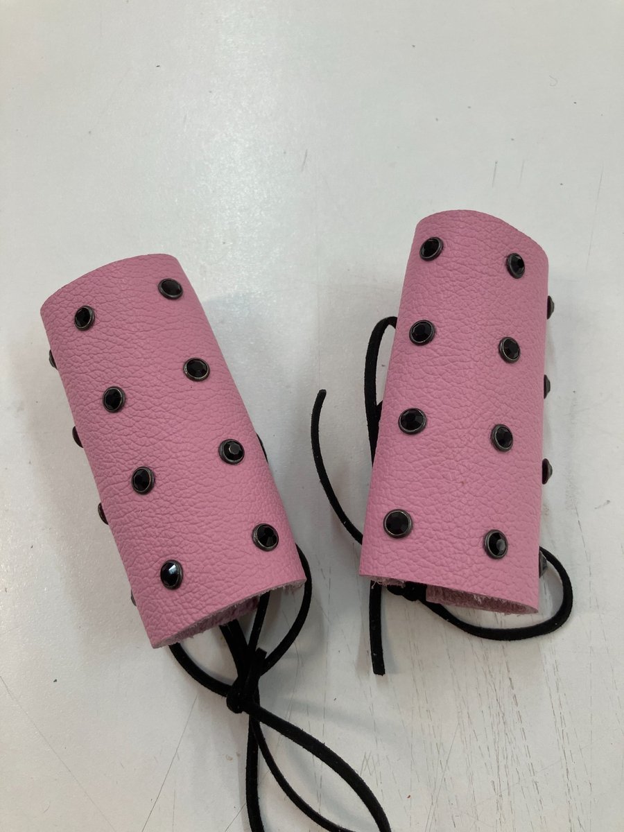 Pink Leather Wheelchair Handle Decorations with Black Gemstones
