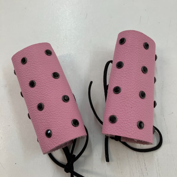 Pink Leather Wheelchair Handle Decorations with Black Gemstones