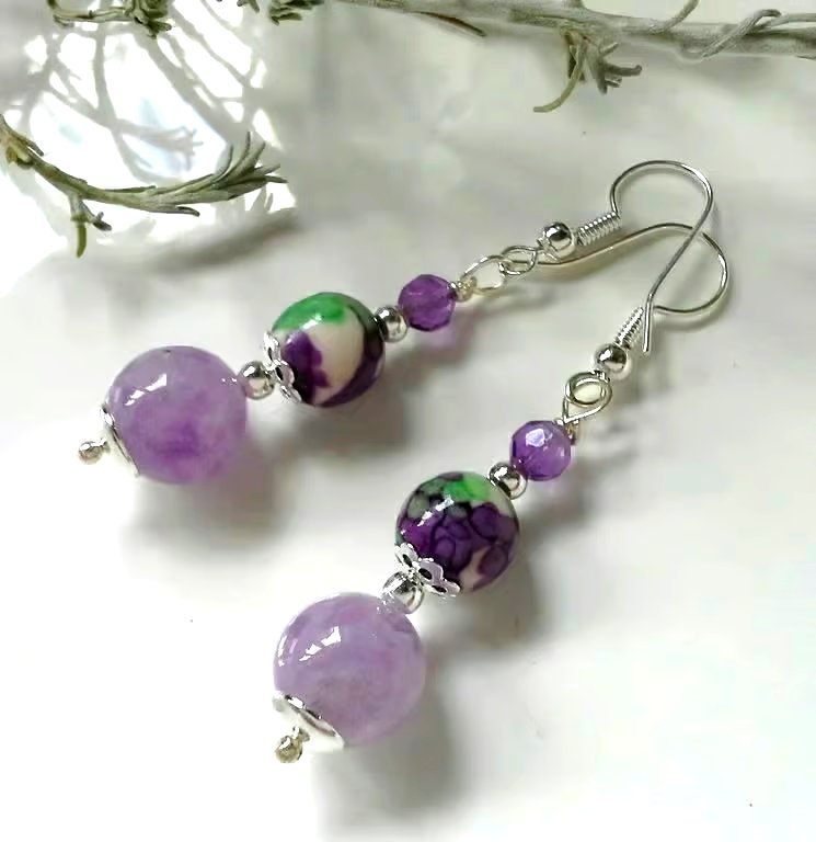 Designer Lavender Amethyst , Faceted Amethyst & Variscite Earrings