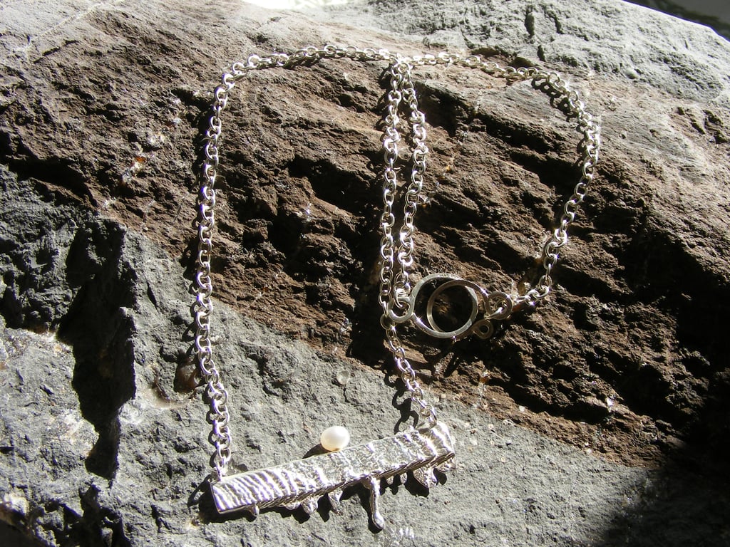 Sterling Silver Abstract Design Necklace With White Cultured Pearl - Hallmarked