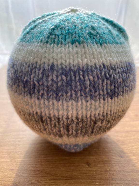 Striped , handknitted, baby beanie 0-3 months