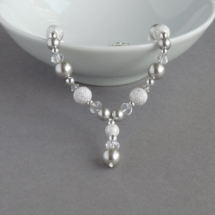Silver Pearl Stardust Y Necklace - Pale Grey Drop Necklace - Wedding Jewellery