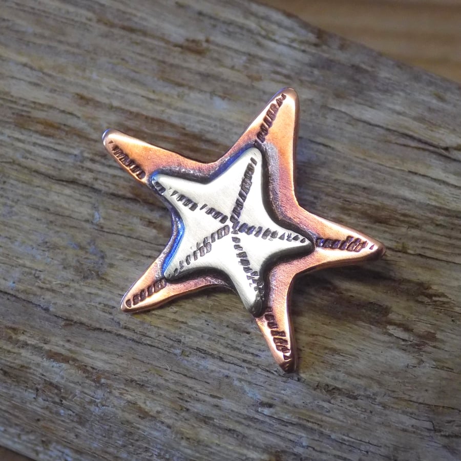 Copper and silver double starfish mini brooch mixed metal pin