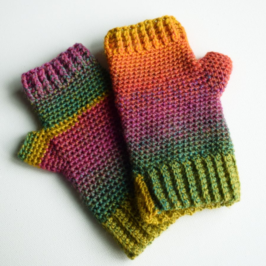 Multicoloured Fingerless Mitts in Autumn Colours, Non Wool Gloves