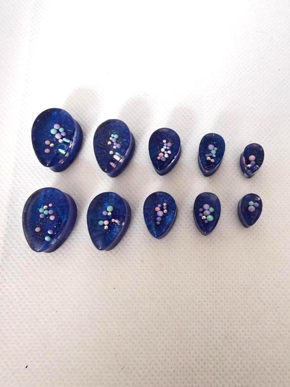 Teardrop Resin Ear Gauges- Blue with Pastel Balls, Handmade Cosmic Plugs