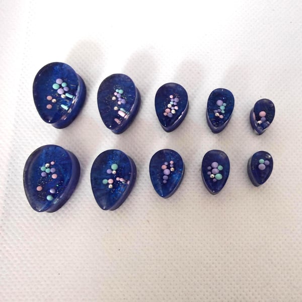 Teardrop Resin Ear Gauges- Blue with Pastel Balls, Handmade Cosmic Plugs