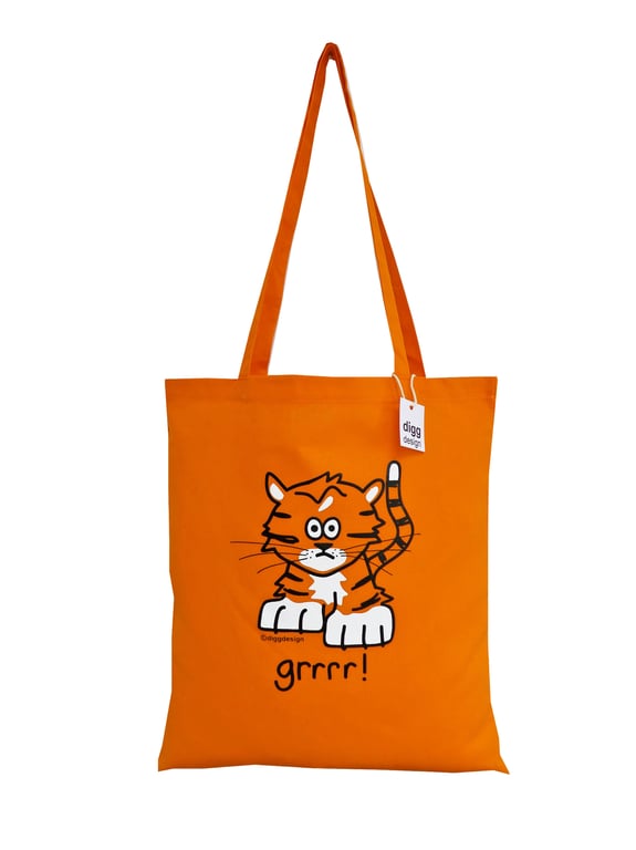 Digg Design TIGER cotton Tote Bag. Hot Orange