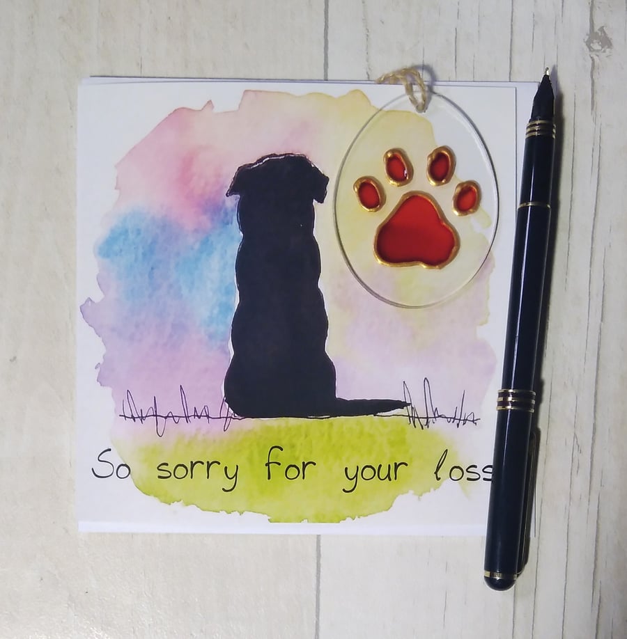 Rottweiler memories sympathy card and paw print sun catcher gift. Printed card.